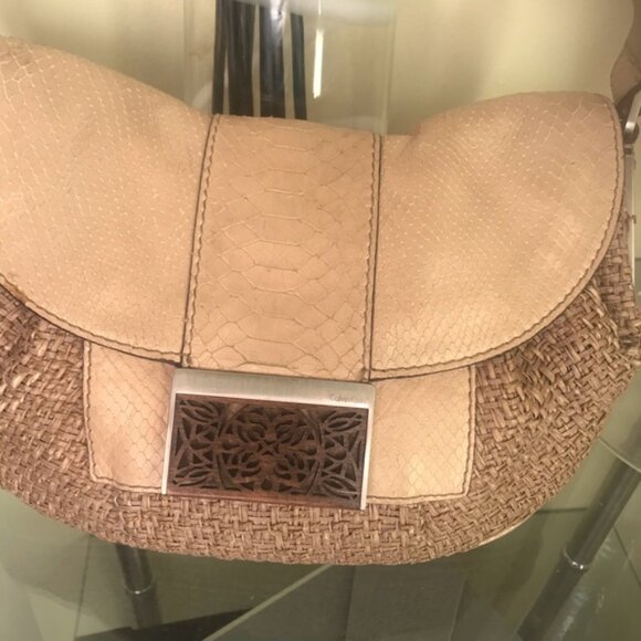 Calvin Klein Vintage Raffia Snake Leather Hobo Shoulder Bag Wood Buckle Y2K Tan - Picture 3 of 16